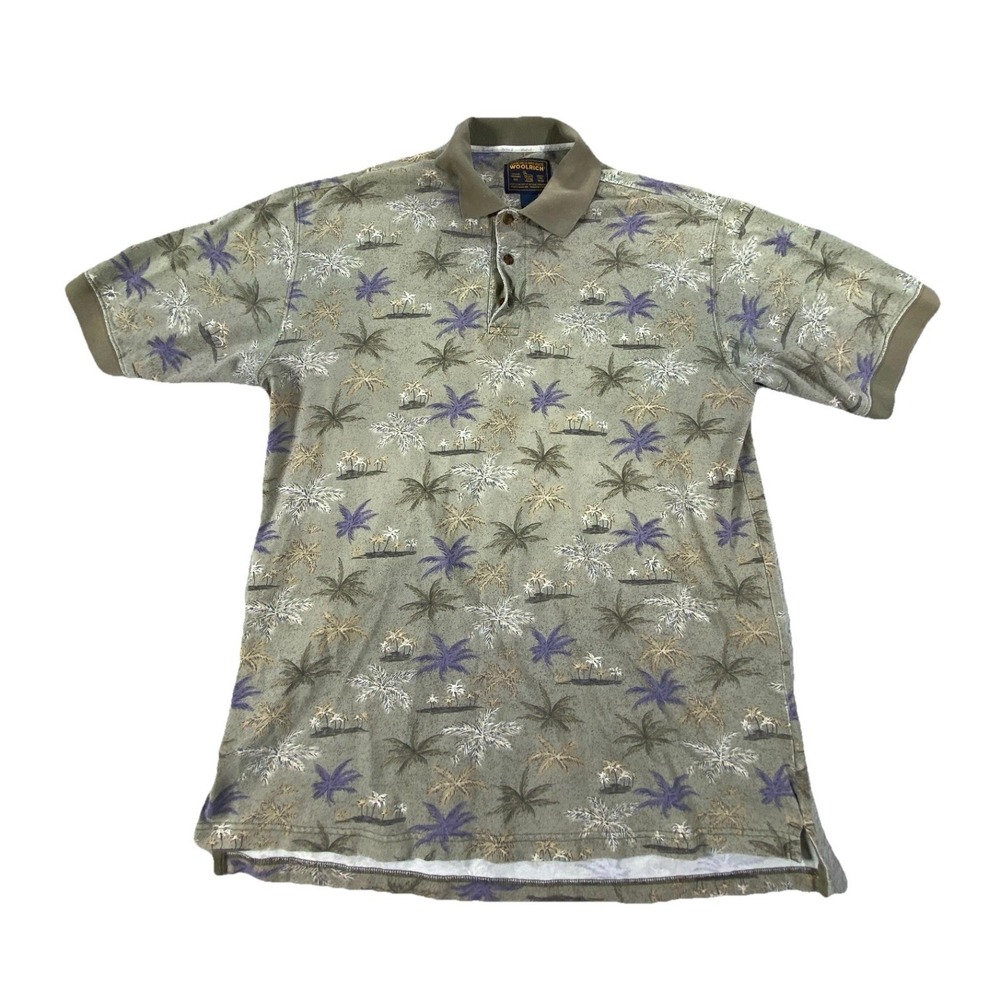 Vintage Woolrich John Rich Bros Polo Shirt Mens L Green Palm Tree AOP Casual